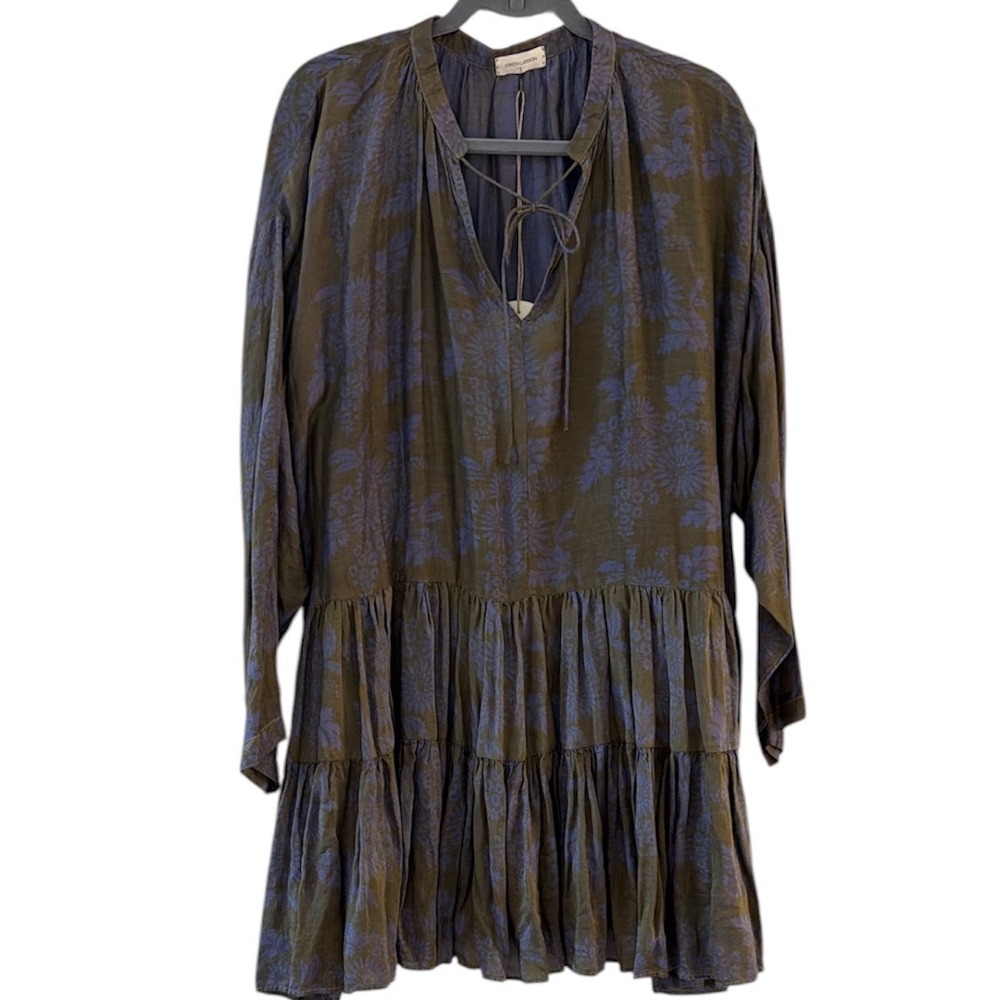 Krista Larson Farm Shirt Dress Violet Sage Floral Tiered Silk Blend NWT Sz OSFM